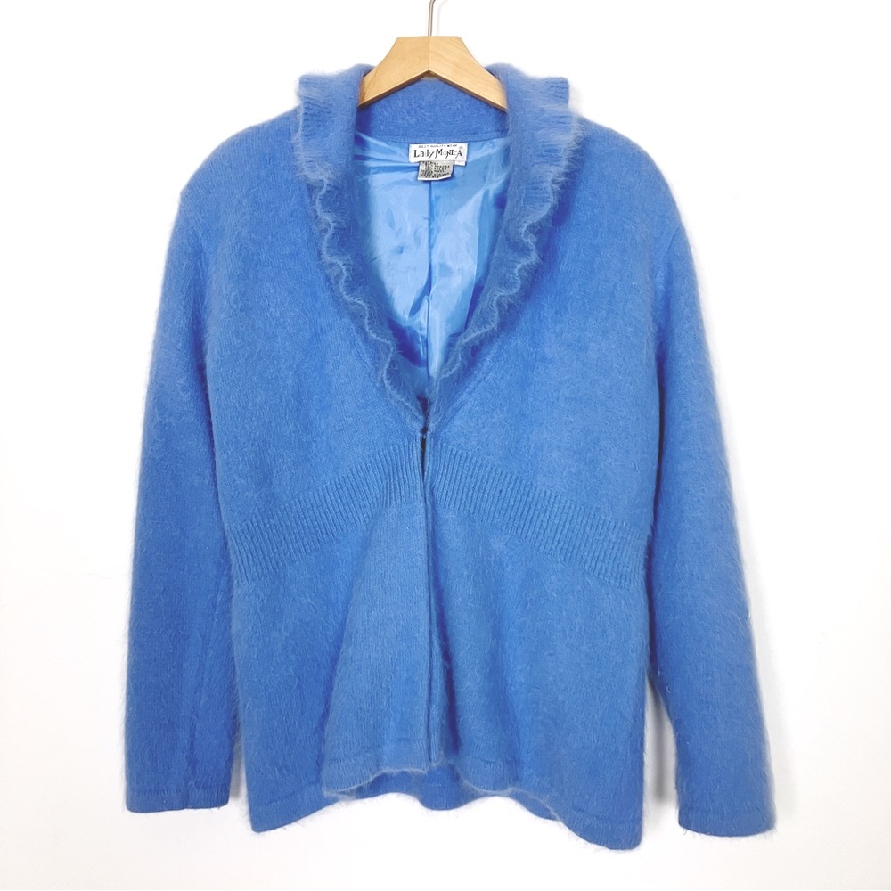 Vintage cardigan shacket light blue angora ruffle collar fluffy soft pastel